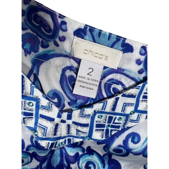 Chico's Womens Embellished V Neck Blue Peplum Blouse Top 2 US L Coastal Florida - Picture 7 of 14